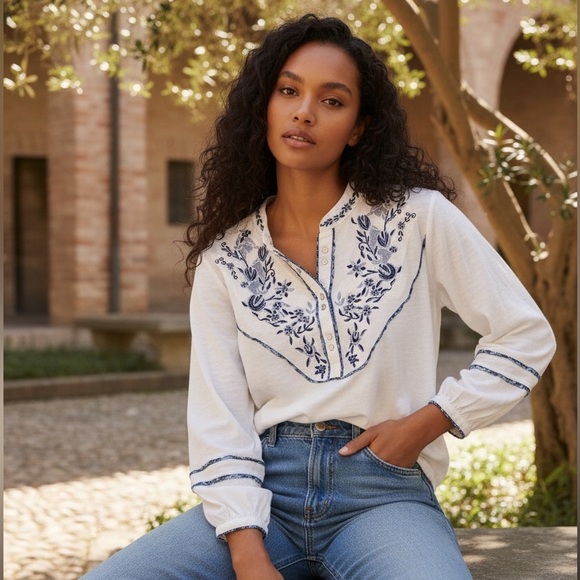 Free People Tops - Free People White Embroidered Puff Sleeve Shirt